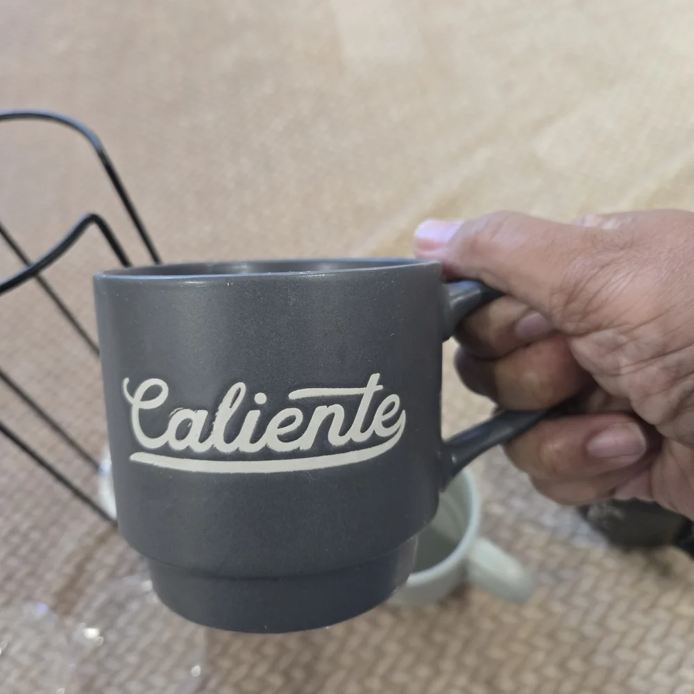 4 Stoneware Stackable Coffee Mug Set with Stand  Spanish Coffee Inspired Saying. - Picture 8 of 10